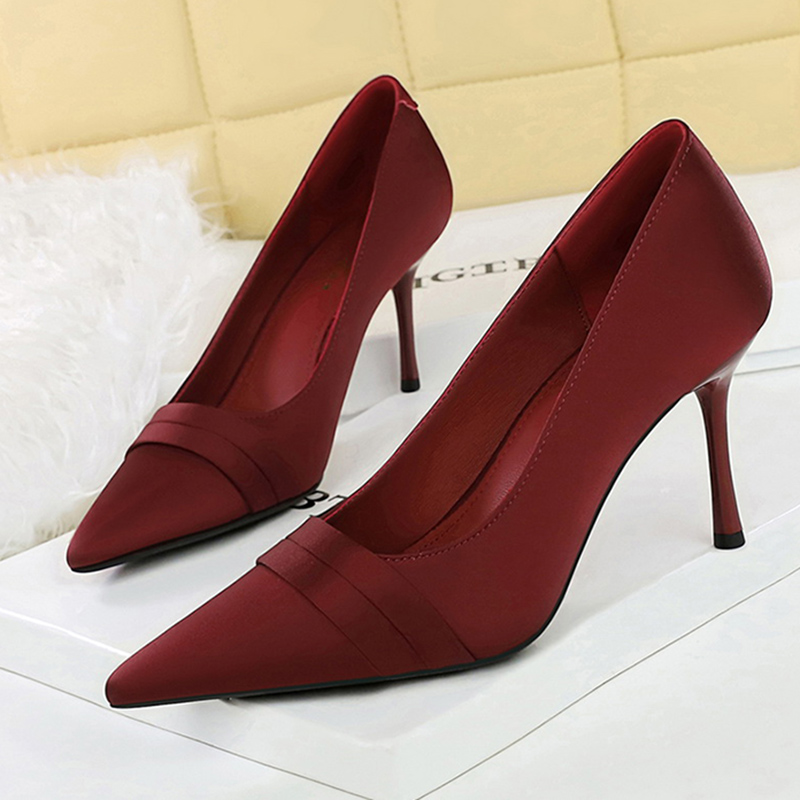 Slip Dress Satin - Women Elegant Burgundy 8cm High Heels