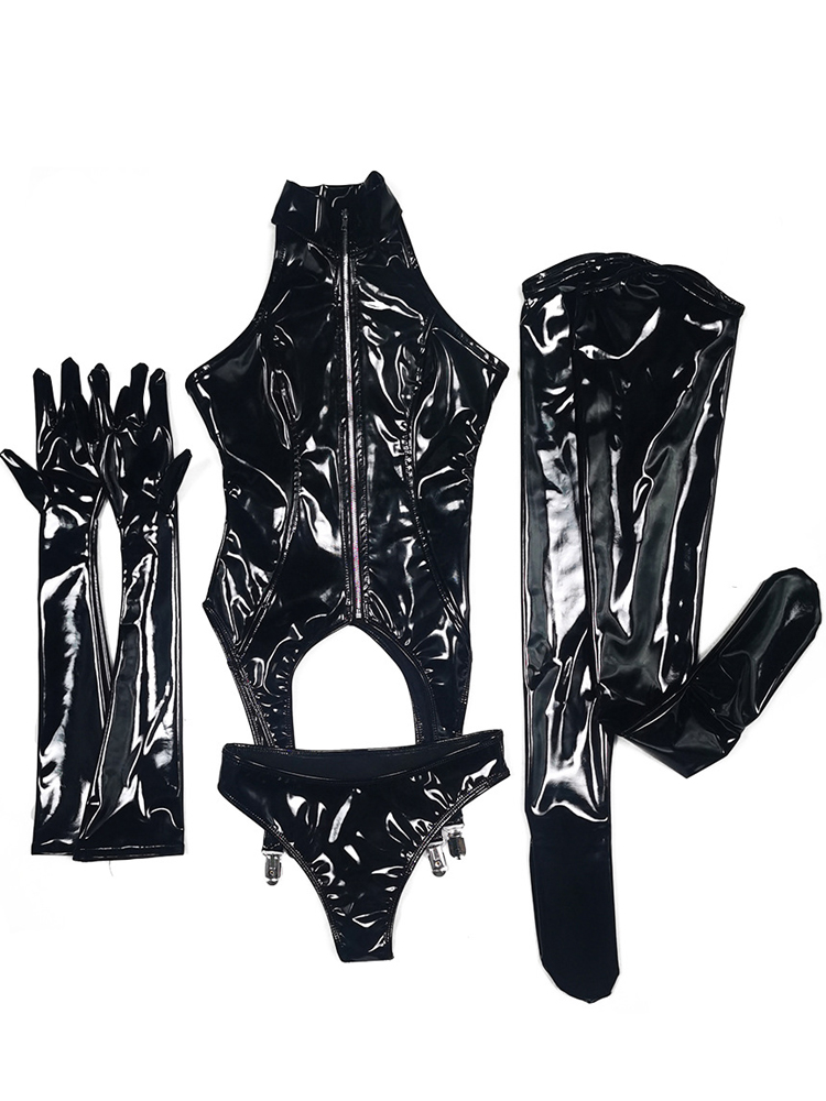 4PCS/SET Wet Look PVC Catsuit  – Garter Belt Set Bewertung und Preis